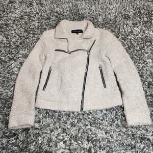 Black Rivet Revolve wool blend boucle sherpa moto jacket, cream, size Me…